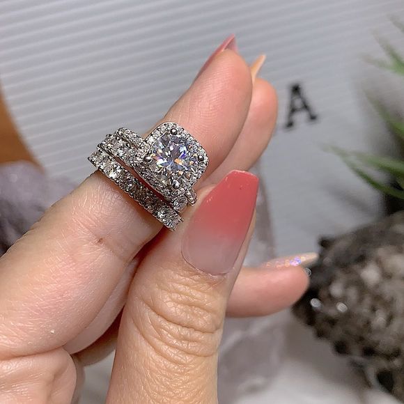 4ct tw square halo round brilliant bridal ring set - Picture 12 of 12